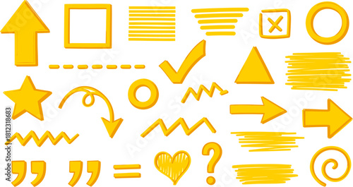 Hand drawn doodle elements in yellow color isolated on arrows, shapes, check mark, heart, question mark, quotation marks and other symbols