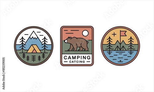 A set of three camping icons features landscapes and wildlife with outlined graphics