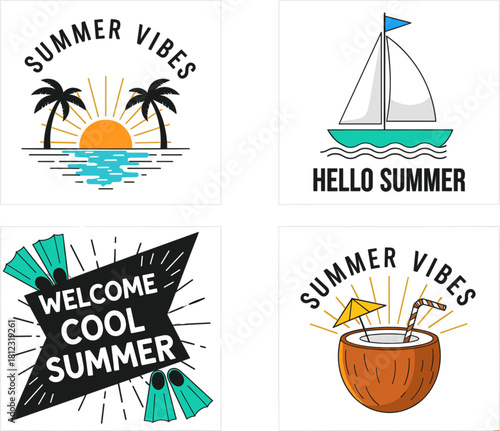 Collection of summer themed designs isolated on featuring palm trees, sun, sailboat, coconut, flippers, and various summer related text elements