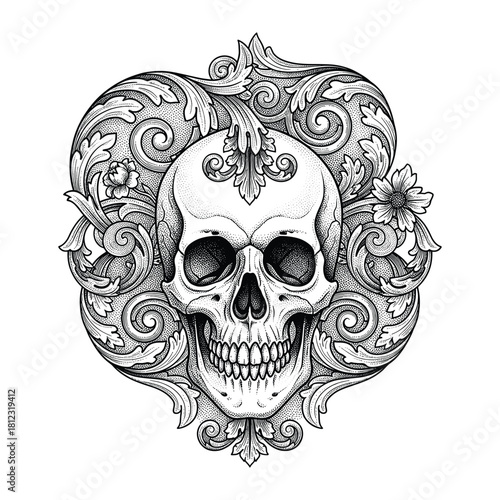 Ornate Skull Side Profile Vector Illustration in Vintage Engraving Style