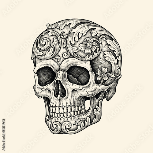 Vintage Baroque Skull Ornament Engraving