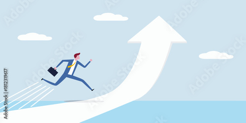 Businessman ascending on an upward arrow path towards success