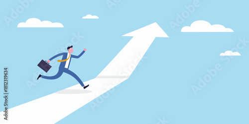 Businessman running up an upward trending arrow path in the sky