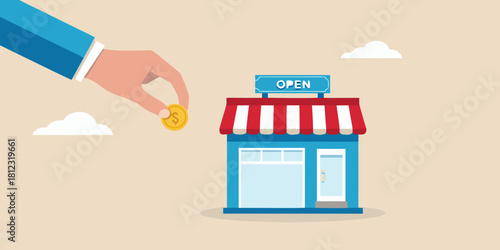 Hand drops coin into open storefront