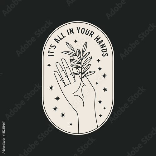 Beige hand delicately holds plant branch encircled by starry text within an oval