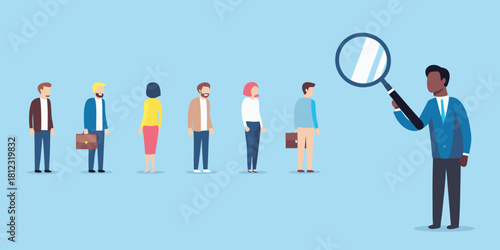 Recruiter examining candidates with magnifying glass