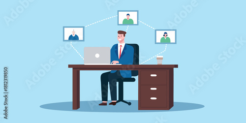 Man working on laptop connecting with colleagues remotely