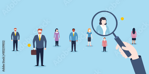 Magnifying glass focuses on woman in crowd of business people
