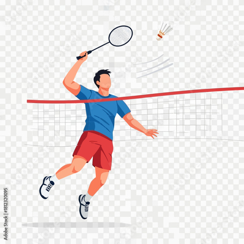 Male Badminton Player in Action Hitting Shuttlecock Over Net.