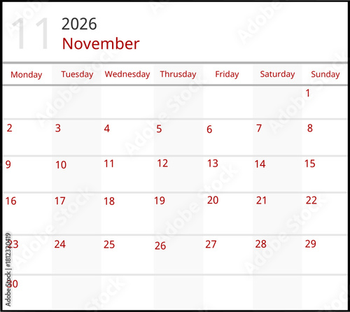 11 November 2026 Calendar Vector Illustration. Date Icon. Day calendar 