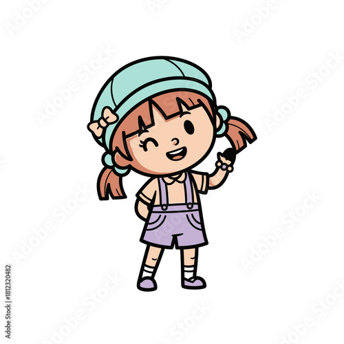 Cartoon girl with pigtails wearing a hat and overalls, winking and waving.