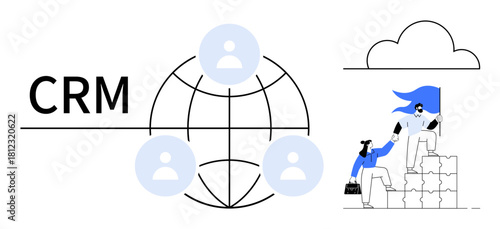 CRM text with globe connecting users, teammate helping another climb blocks under a flag. Ideal for teamwork, customer relationship, support systems, goal achievement, leadership, global connection