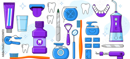 Comprehensive set of dental hygiene tools and products isolated on, including toothbrush, toothpaste, mouthwash, floss, and irrigator for oral care