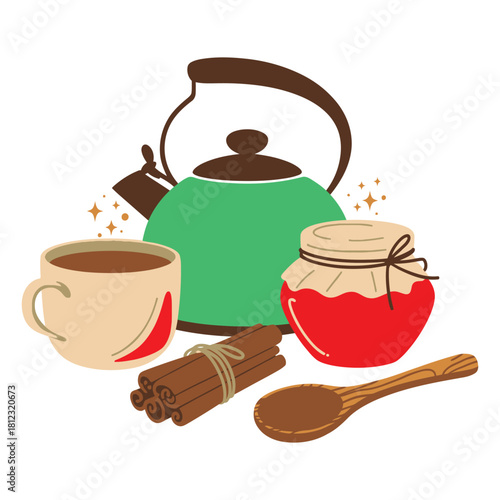 A cozy tea time arrangement isolated on, featuring a teapot, cup, cinnamon sticks, jam, and spoon, evoking warmth, comfort, and relaxation