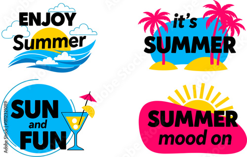 Enjoy summer with sun and fun, its summer mood on with palm trees and cocktail isolated on summer vacation and holiday concept design