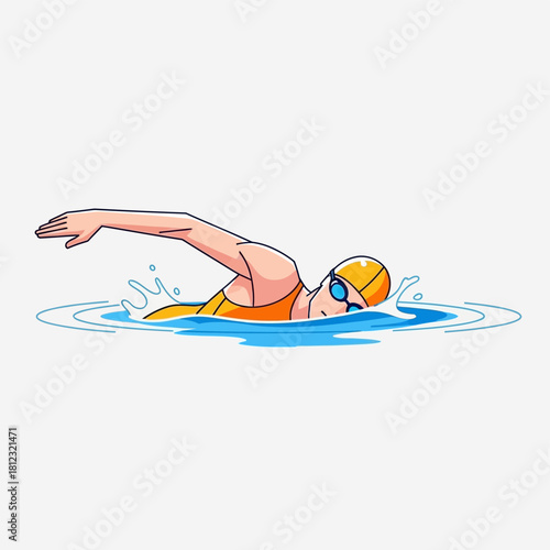 Woman swimming freestyle in a pool with goggles and cap.