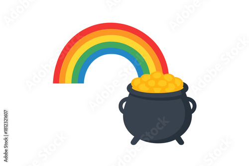 Vibrant rainbow ending in a black cauldron overflowing with golden coins