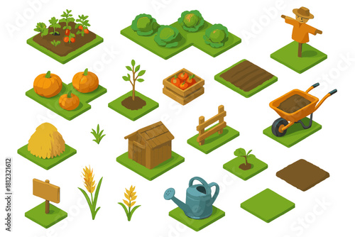 Isometric farming and gardening elements including crops, tools, and structures