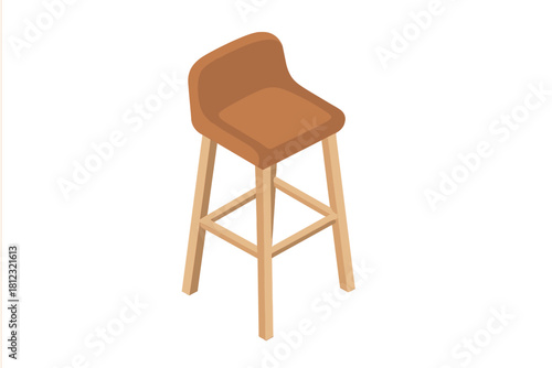 Isometric wooden bar stool with brown upholstered seat and backrest on white background