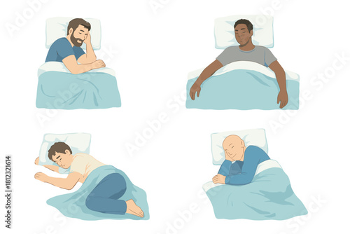 Four diverse men sleeping comfortably in bed demonstrating different resting positions