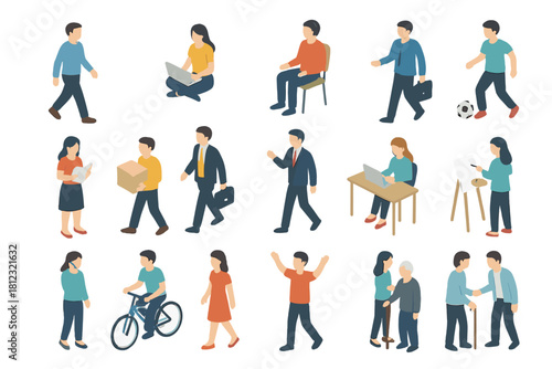 Diverse isometric characters set performing business, leisure, and daily activities