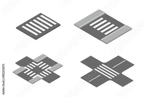 Various isometric designs of pedestrian crossings and urban road intersection layouts