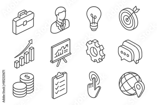 Isometric line icons for business, finance, strategy, communication, and global networking
