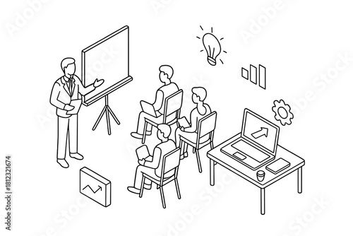 Business presentation or training session with speaker and audience in isometric line art
