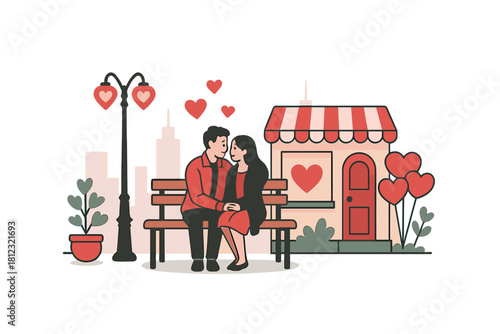 Romantic couple sitting closely on a bench in the city near a charming shop