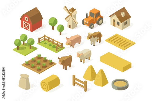 Isometric low poly farm elements set featuring buildings, animals, machinery, and crops