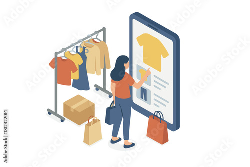Female customer browsing fashion clothes on mobile phone next to a garment rack