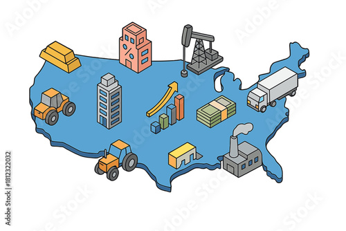 Isometric map of the US economy featuring key industries and financial growth
