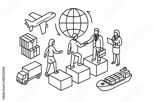 Global business transaction and logistics infrastructure showing air freight, shipping, and delivery
