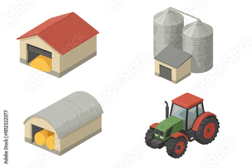 Isometric farming set featuring modern tractor, grain silos, and storage sheds