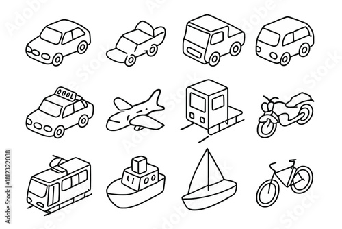 Black and white outline symbols representing various modes of land, air, and sea travel
