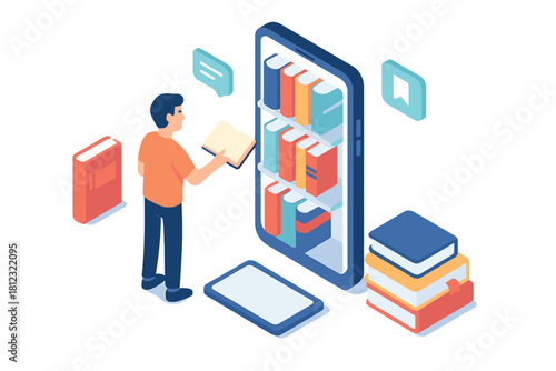 Person reading a physical book next to a smartphone displaying a digital bookshelf