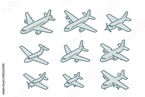 Seamless pattern of isometric airplane icons for air travel and transportation