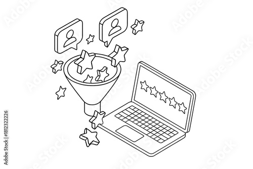 Isometric line art concept of filtering customer feedback and quality ratings