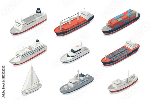 Isometric set of commercial maritime transport vessels and leisure boats isolated on white