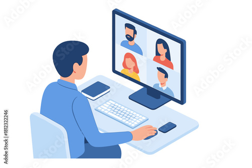 Man attending virtual video conference meeting from home desk using computer monitor
