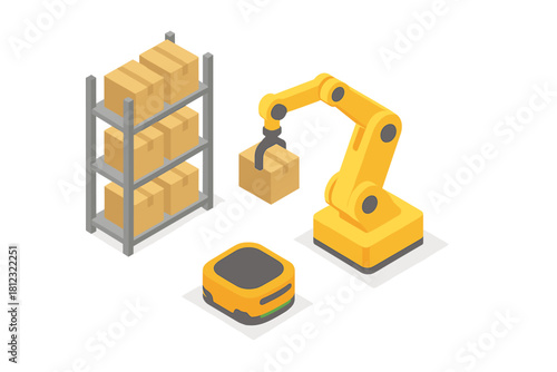 Automated warehouse logistics system with robotic arm moving package and autonomous mobile robot