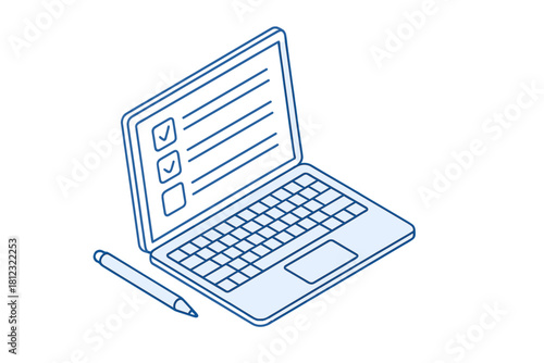Digital checklist displayed on laptop screen with pen for online survey and task management
