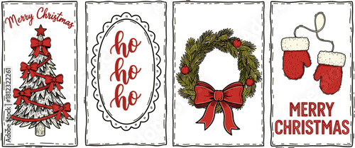 A set of four vintage christmas cards featuring a christmas tree, a ho ho ho sign, a wreath, and mittens isolated on each card has a unique design