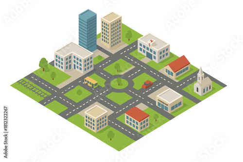 Isometric city map with various buildings, roads, vehicles, and green spaces on a grid layout