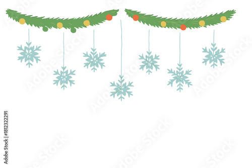 Holiday winter border featuring fir branches, decorative ornaments, and dangling snowflakes