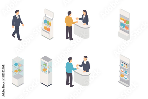 Isometric icons showing retail environment elements like display stands, showcases, and customer interactions