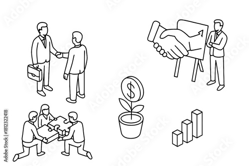 Isometric line art icons illustrating business concepts like partnership, teamwork, and financial growth