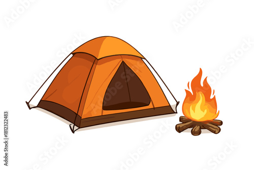 Bright orange camping tent set up next to a crackling bonfire for a wilderness adventure