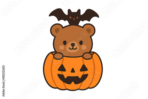 Cute teddy bear character peeking out of a carved Halloween pumpkin with a small bat on its head
