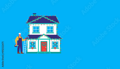 Professional worker decorating a house with Christmas lights and wreaths on a blue background